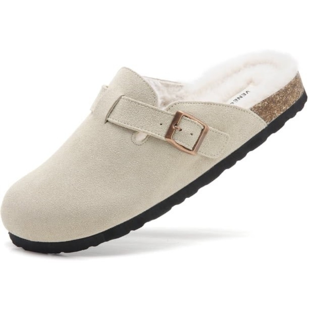 Women Suede Clogs Faux Fur Lined Buckle Mule Slippers Beige Tan NEW